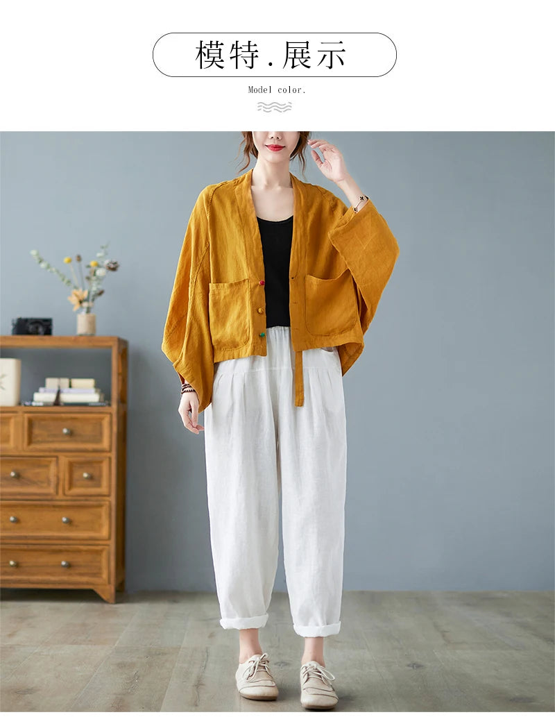 Women Long Sleeve Jackets New 2022 Autumn Vintage Style All-match Loose Comfortable Cotton Linen Female Casual Coats B2100