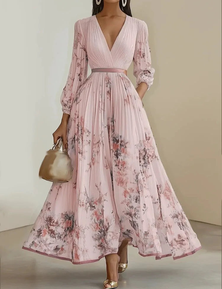 Elegant Print Dress For Women Fashion Long Sleeve V Neck High Waist Lace-up Loose Dresses Robe Femme Holiday Party Clothes New