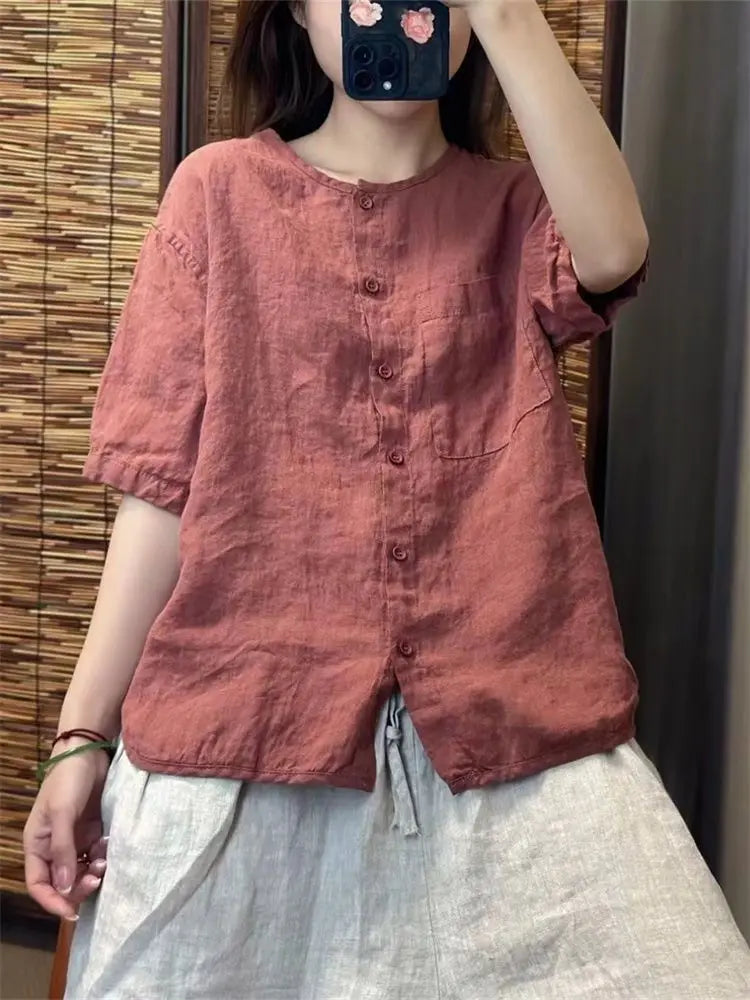 Chiffon Cotton Linen round Neck T-shirt Women Summer New Vintage Art Loose Shirt  Open Cardigan Top 2025 Short Shirt For Women
