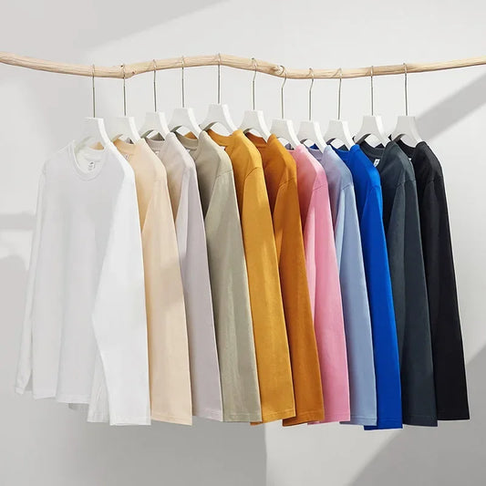 230G Men T Shirts Pure Combed Cotton Heavy Round Neck Solid Color Long-sleeved Men's T-shirt Loose Bottoming Shirt Tops For Male