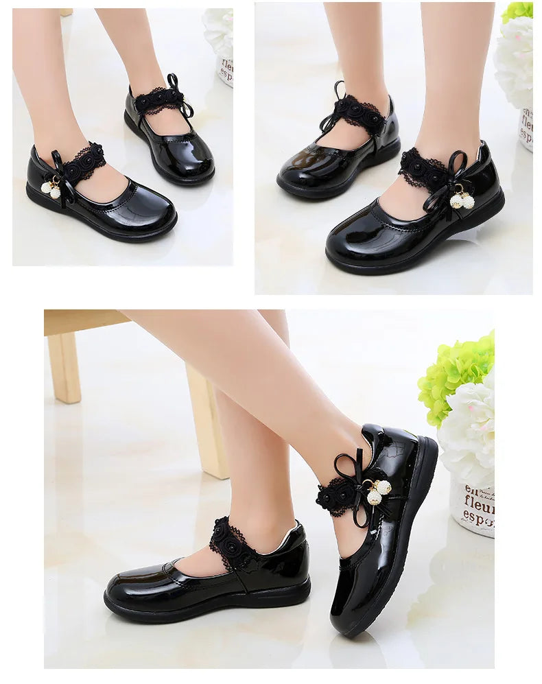 Kids Black Performance Shoes Soft Sole for Students Flat Shoes Casual Versatile 2025 New Kids Princess Shoes with Sweet Pendant