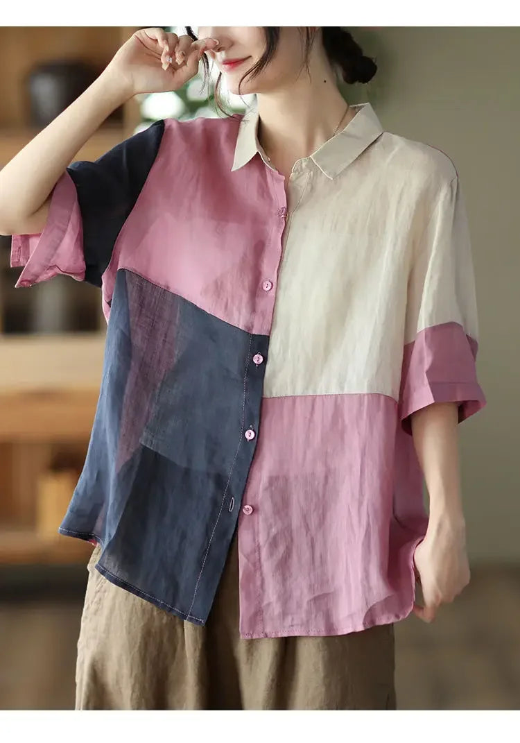 Cotton and Linen Shirt for Women Fashionable and Versatile Cardigan Lapel Top Thin
