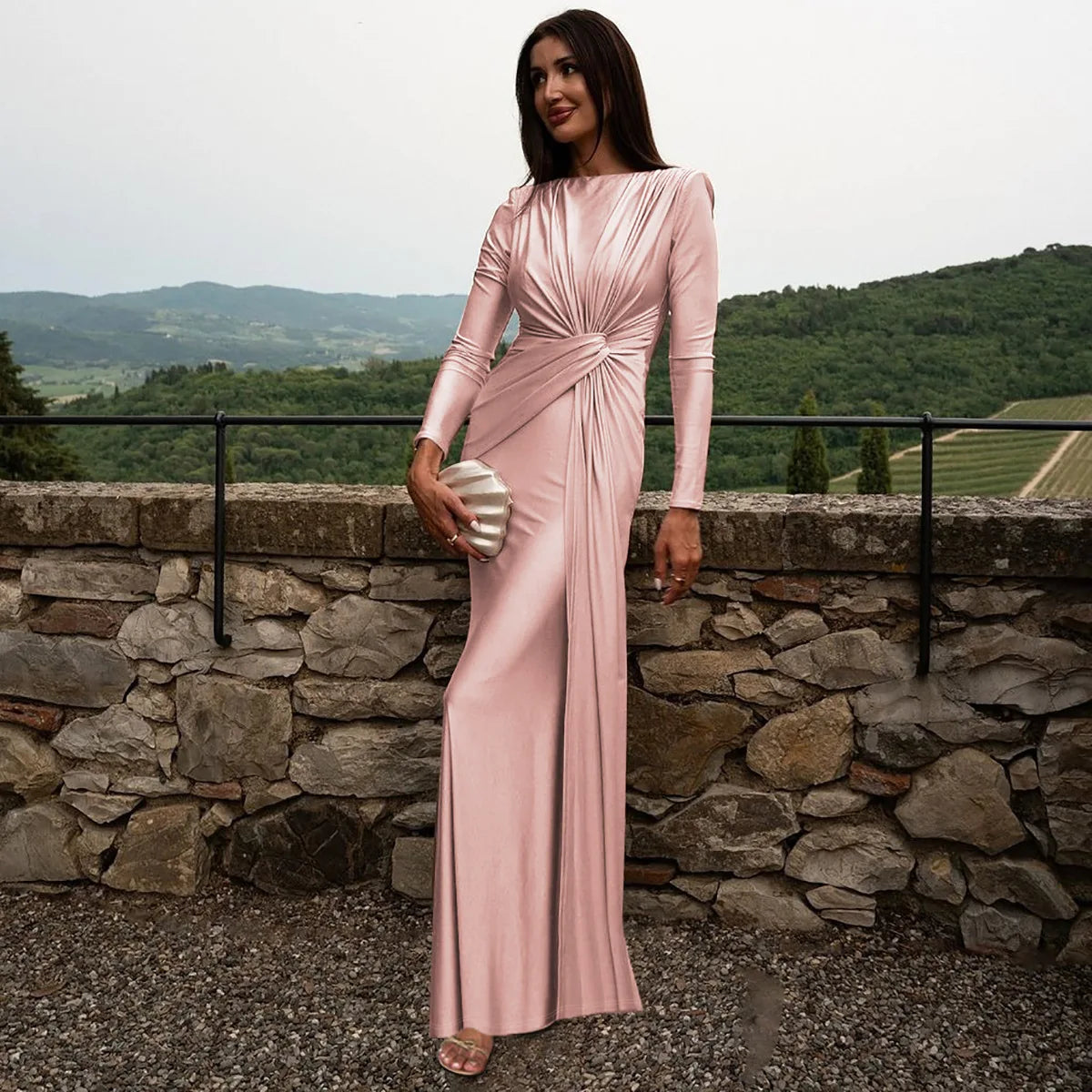 Women's Evening Dress Spring Summer New Fashion Slim Solid Color Casual Round Neck Long Sleeve Long Dress Elegant Party Dresses