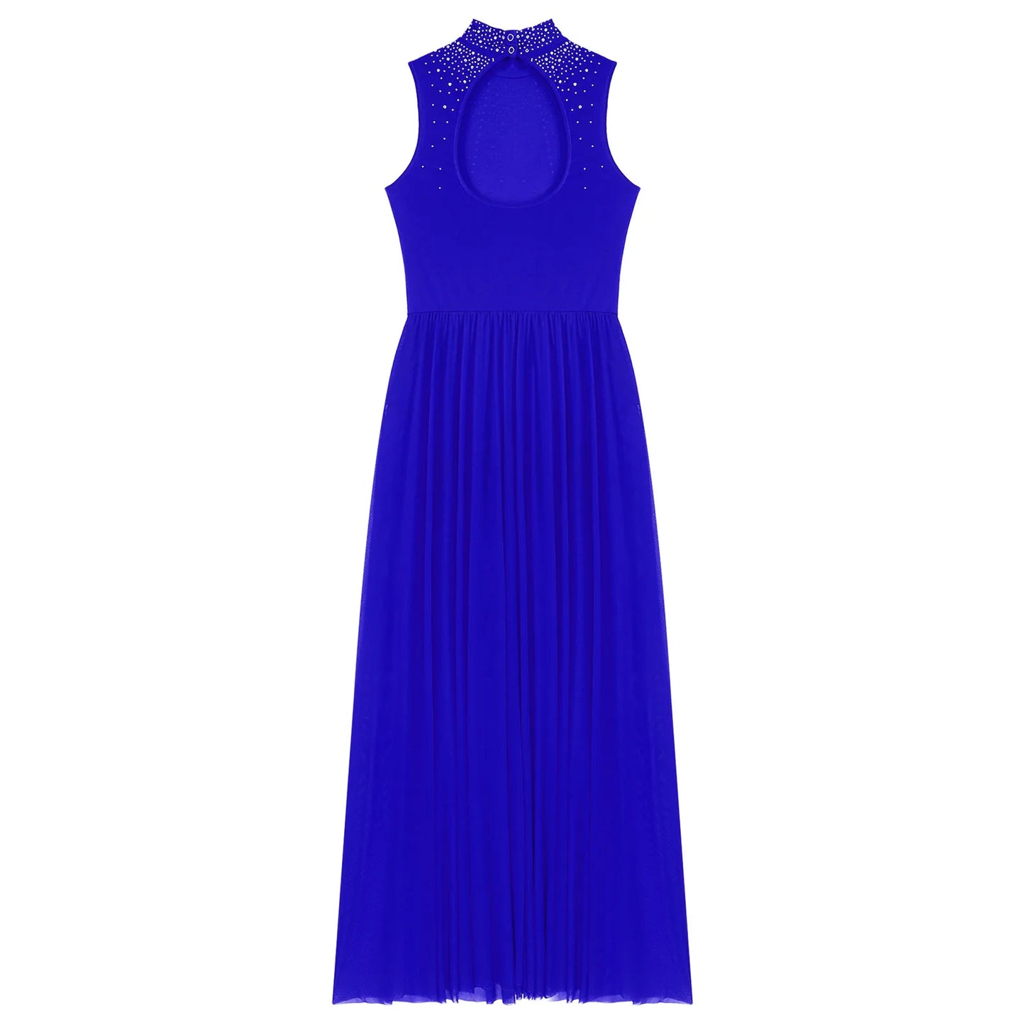 Womens Lyrical Dance Dresses Mock Neck Wide Hemline Shiny Rhinestones Maxi Dress Sleeveless Modern Contemporary Leotard Dresses