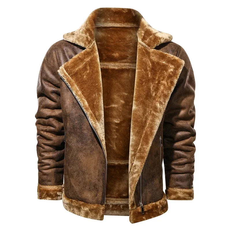 2022 Winter Jacket Mens Suede Leather Jacket Lapel Collar Vintage Style Warm Thick Fur Slim Fit Men Jackets M-4XL