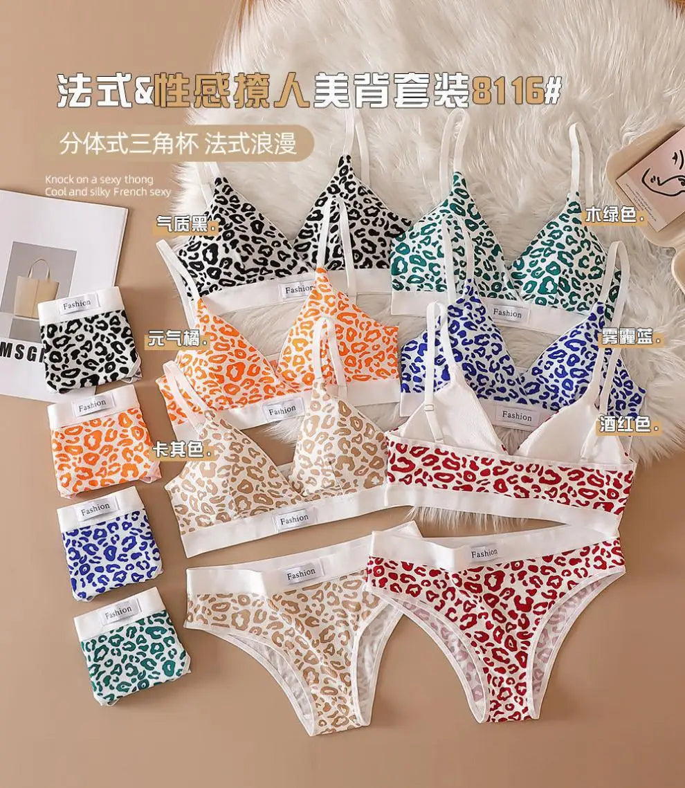 Women Seamless Bra Set Low Waist Panties Leopard Bralette Sexy Lingerie Set Vneck Sport Brassiere Female Cotton Underwear Set