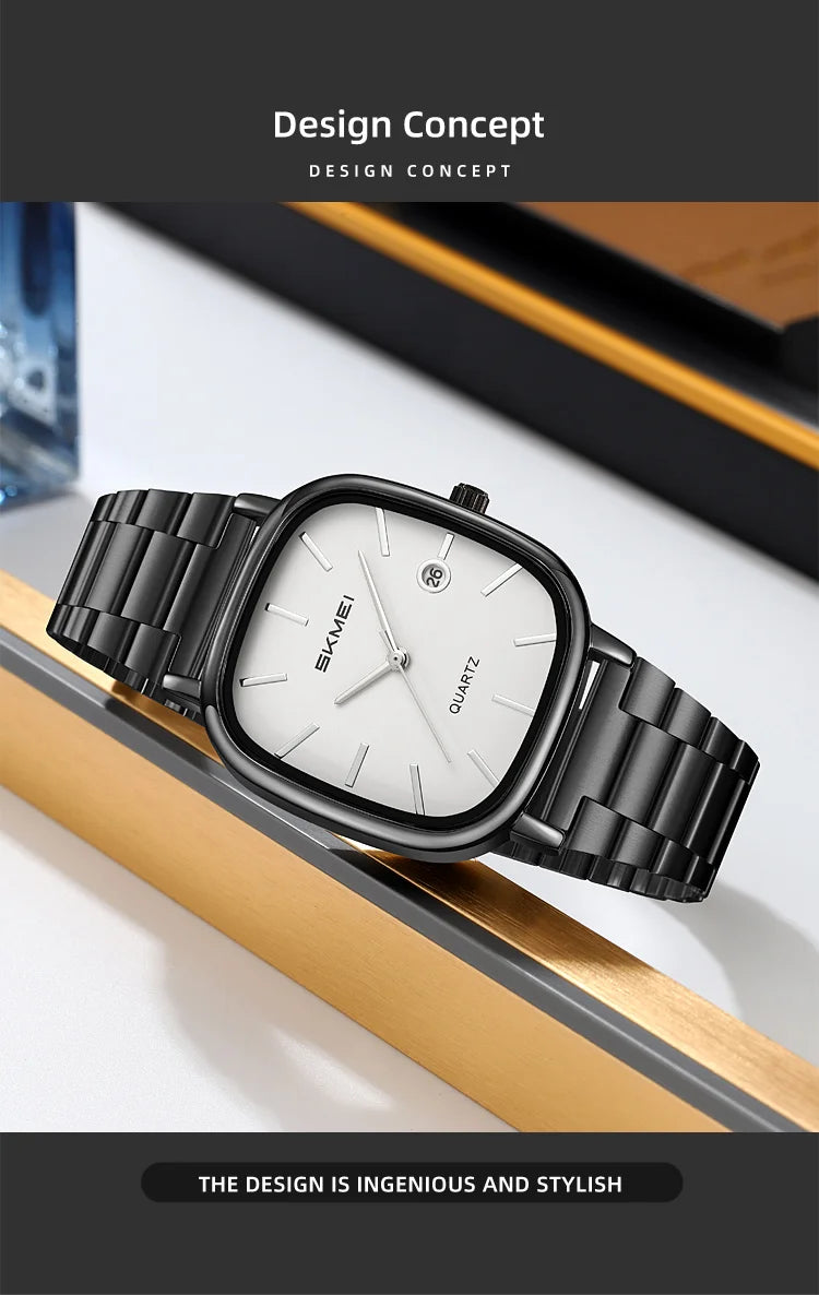 SKMEI Men's Quartz Watch Retro Square Zinc Alloy Case Gold Stainless Steel Band, 30M Water Resistance Time & Date Functions 2551