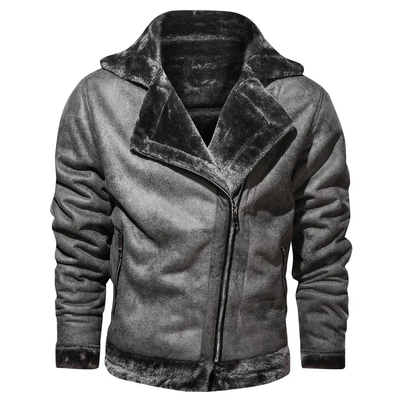 2022 Winter Jacket Mens Suede Leather Jacket Lapel Collar Vintage Style Warm Thick Fur Slim Fit Men Jackets M-4XL