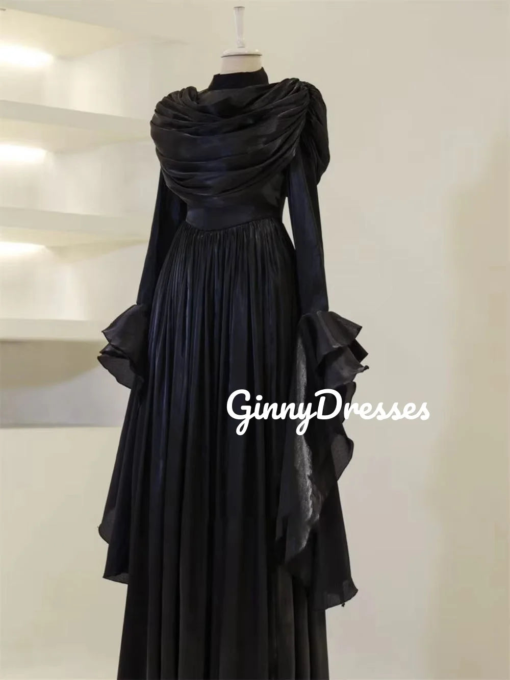 Women'S Evening Dresses Customize Scoop Neckline A-Line Formal Occasion Dresses Zipper Up Long Sleeves Ruffle Floor-Length Prom