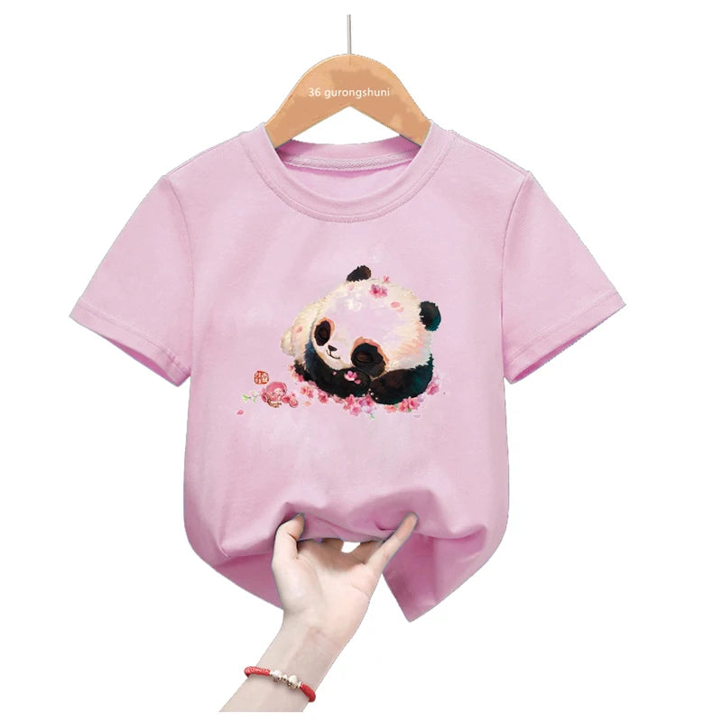 Rainbow Panda Birthday Gift Pink T Shirt Girls Harajuku Kawaii Kids Clothes Summer Fashion Tops Tee Shirt Funny T-Shirt