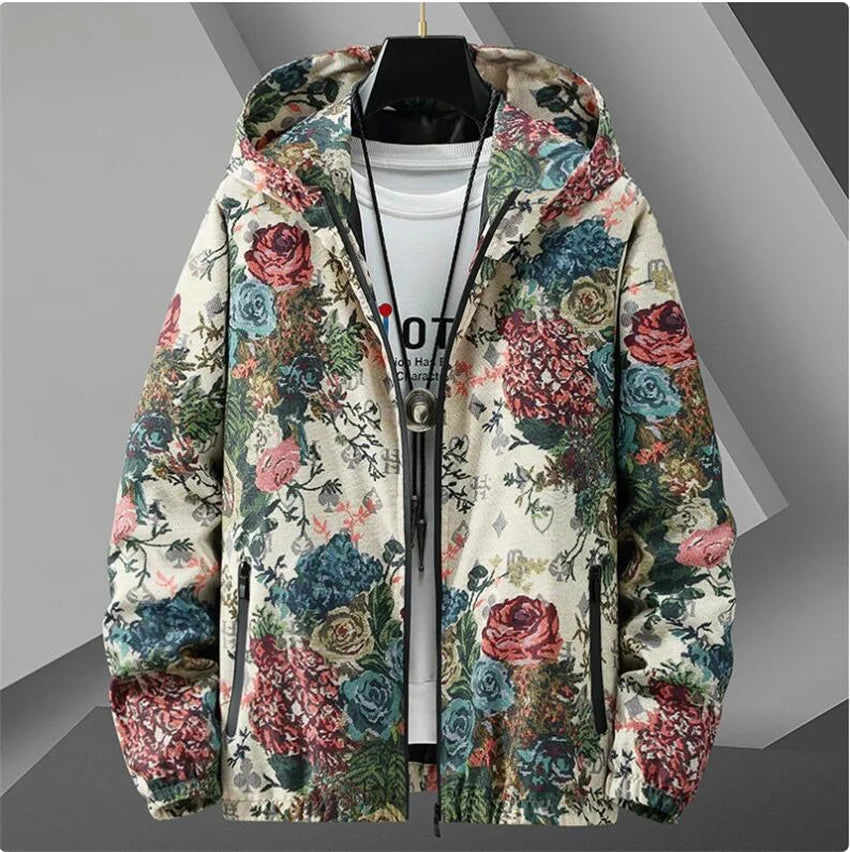 Vintage flower bear pattern Patchwork Windbreaker Men Jackets Autumn Hip Hop Streetwear Zip Up Casual Outerwear Jackets Clothes