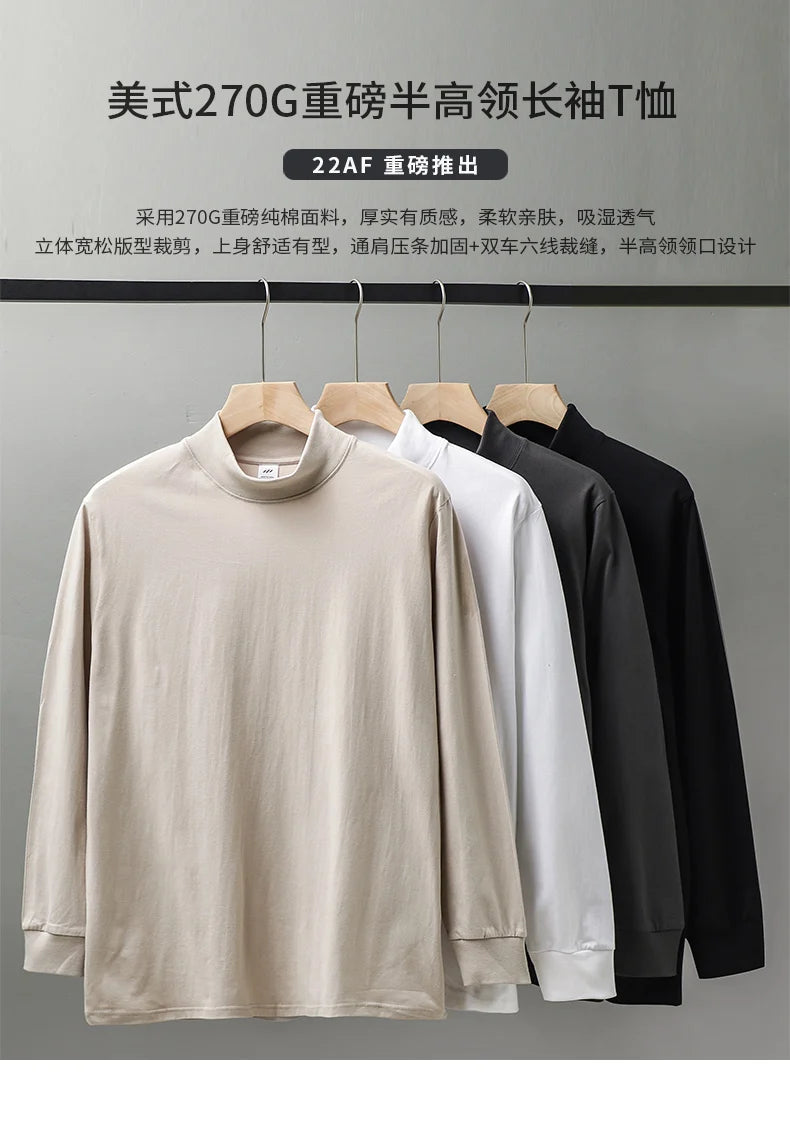 Dukeen 270G Heavyweight Half-Turtleneck Long-Sleeve T Shirts for Men Autumn 100% Cotton Solid Color Undershirt Men's Clothing