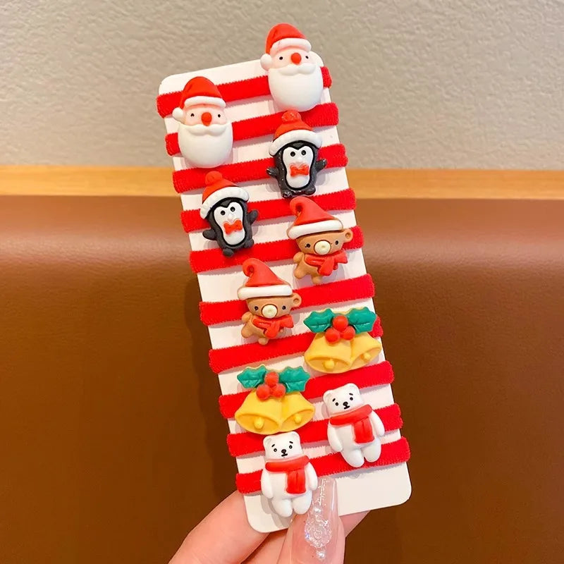 10Pcs/Set Kids Girls Christmas Hair Ties Cute Santa Claus & Reindeer Design Festive Hair Accessories Holiday Parties Decorations