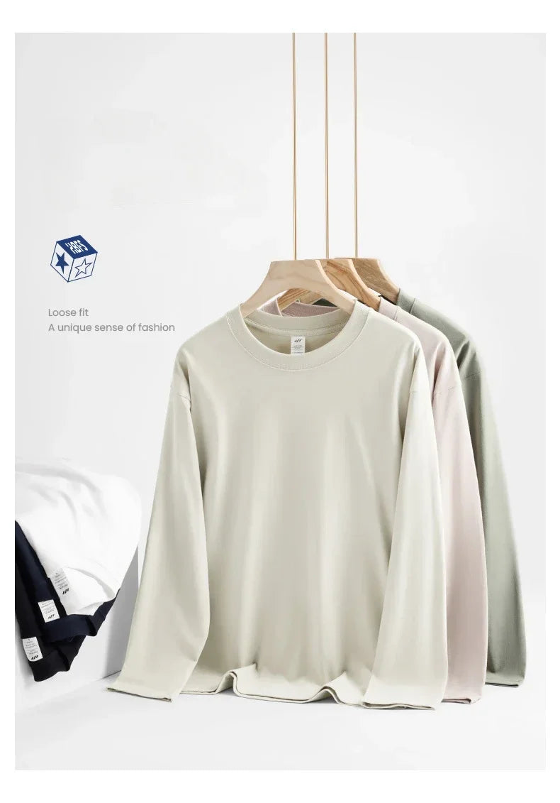 230G Men T Shirts Pure Combed Cotton Heavy Round Neck Solid Color Long-sleeved Men's T-shirt Loose Bottoming Shirt Tops For Male