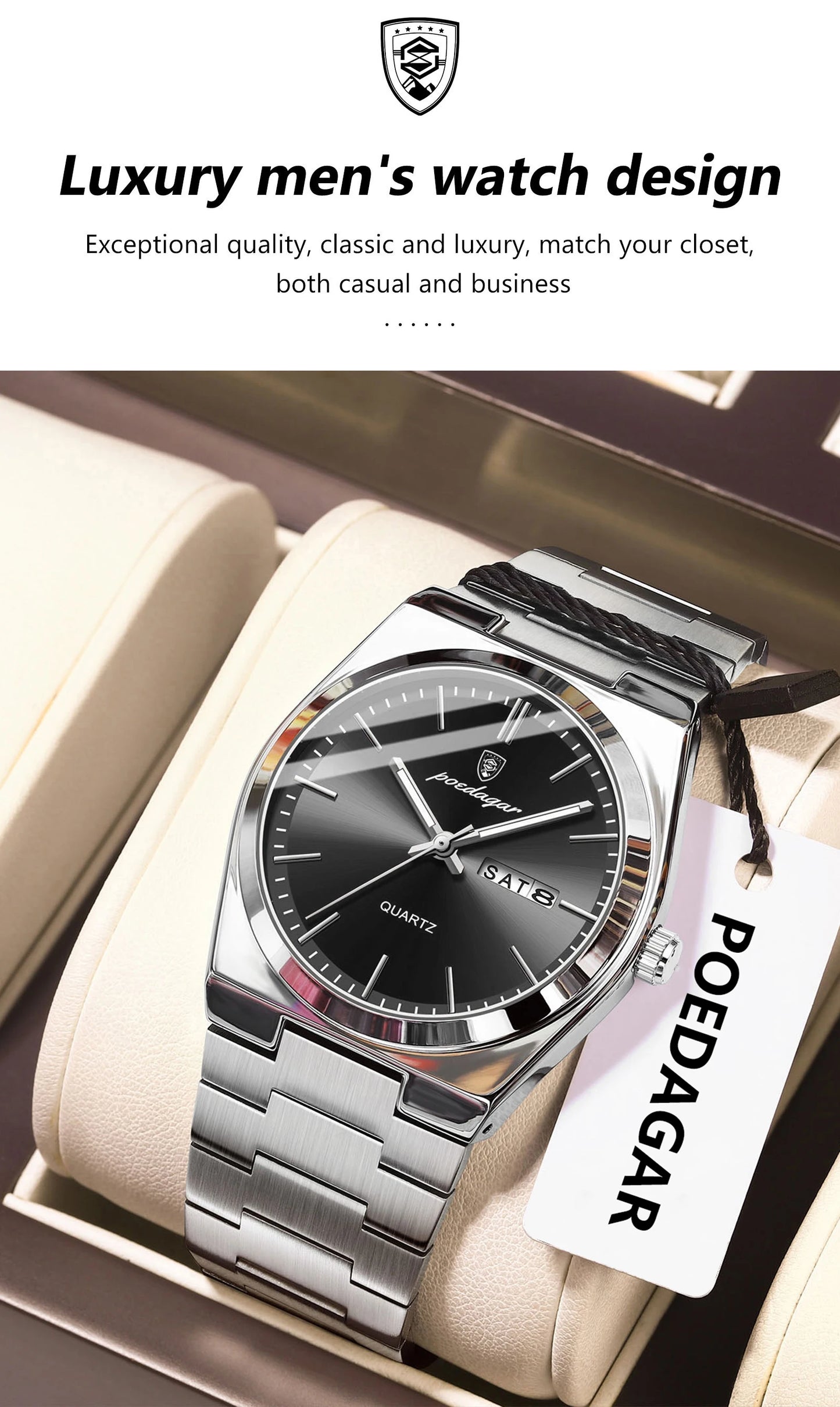 POEDAGAR Luxury Men Watch Stainless Steel Waterproof Luminous Man Wristwatch Date Week Fashion Casual Men's Watches Quartz Reloj