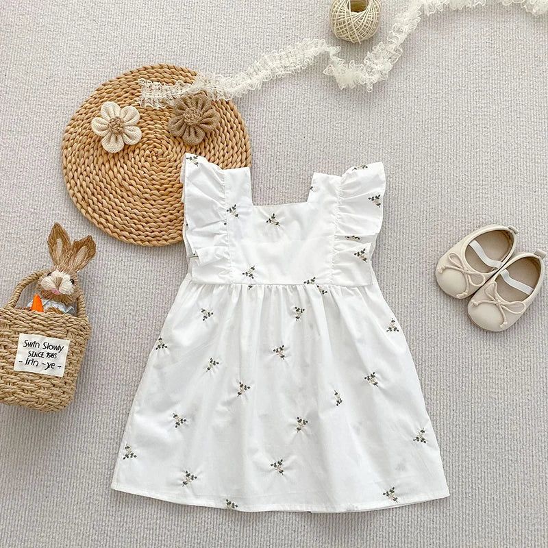 1-6Yrs Kids Clothes Summer Embroidery Dress Baby Girls Clothes Flying Sleeves Dresses Children's Clothing Vestidos Cotton Dress