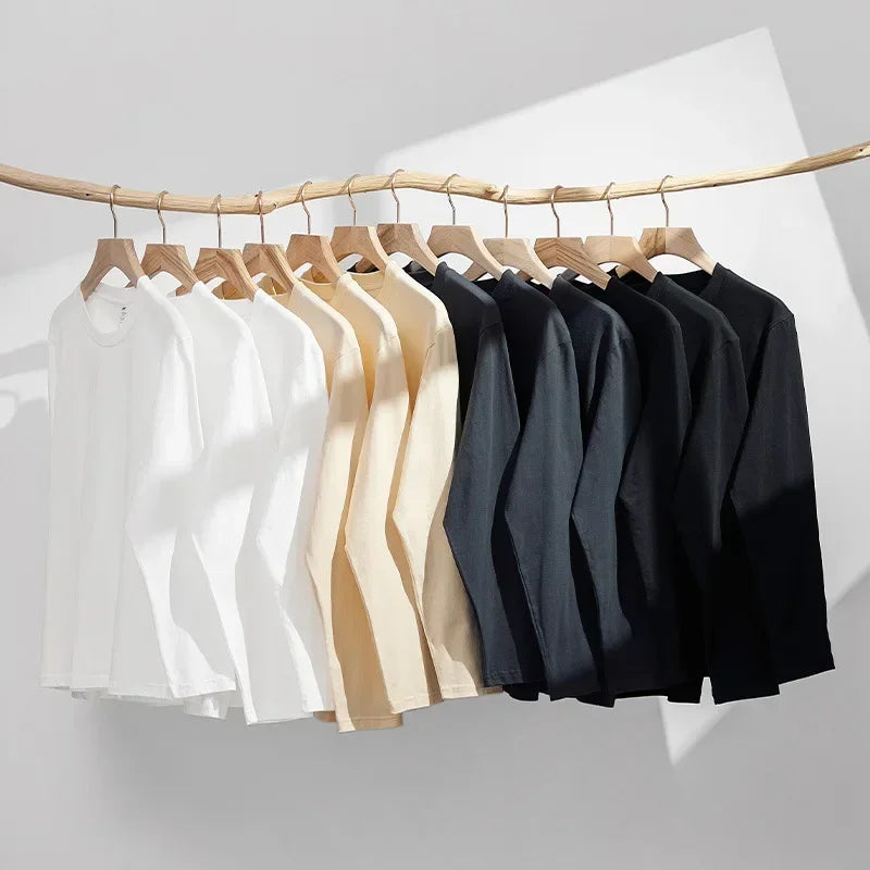 230G Men T Shirts Pure Combed Cotton Heavy Round Neck Solid Color Long-sleeved Men's T-shirt Loose Bottoming Shirt Tops For Male