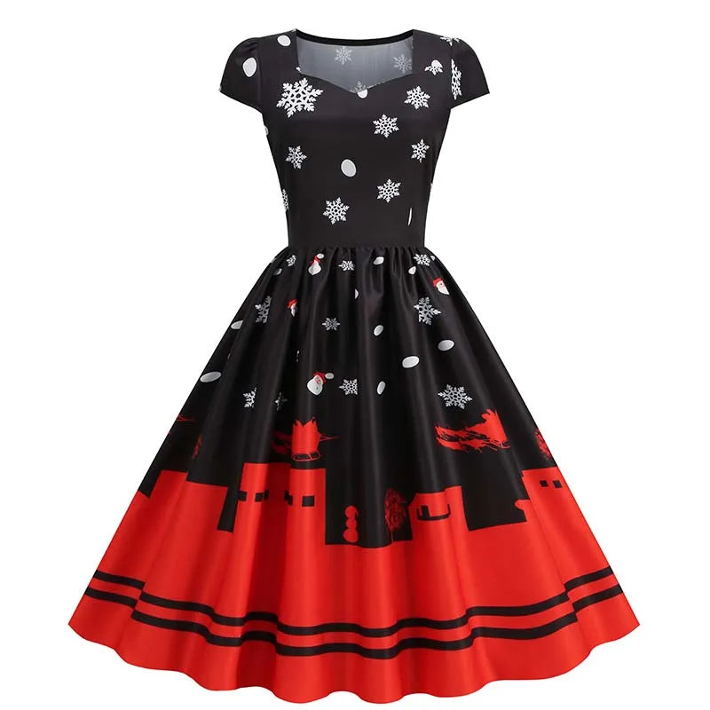 Christmas Dresses for Women Winter Pinup Rockabilly Sexy Cosplay Party Dress Santa Claus Snow Print Cocktail Prom Dress