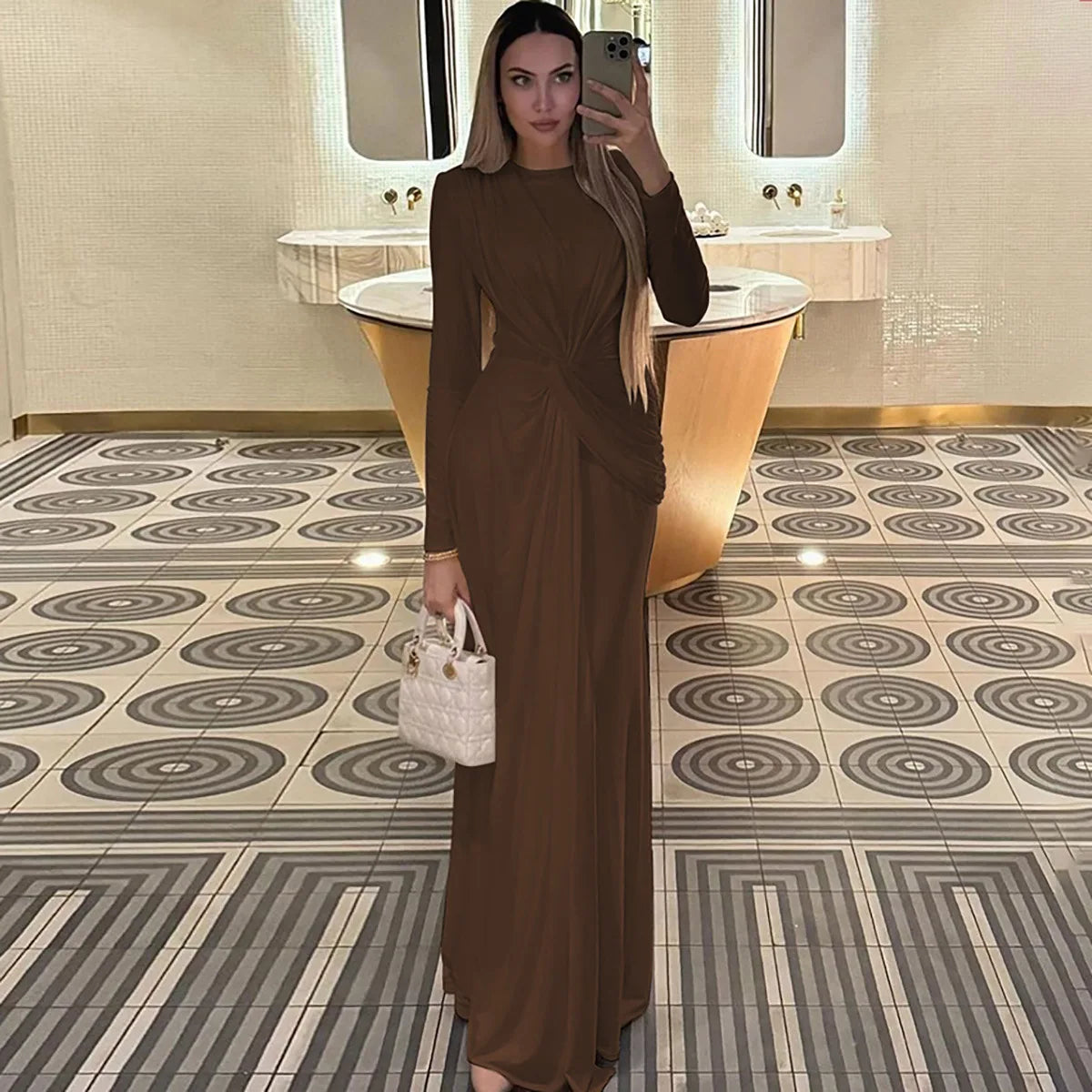 Women's Evening Dress Spring Summer New Fashion Slim Solid Color Casual Round Neck Long Sleeve Long Dress Elegant Party Dresses