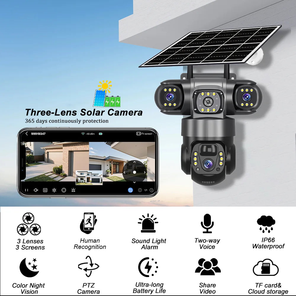 4G Solar Security Camera Outdoor Waterproof Wireless Three Lens Three screens Full Color Night Vision Motion Detection CCTV