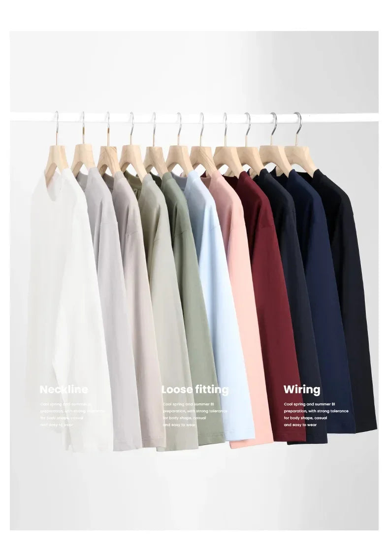 230G Men T Shirts Pure Combed Cotton Heavy Round Neck Solid Color Long-sleeved Men's T-shirt Loose Bottoming Shirt Tops For Male