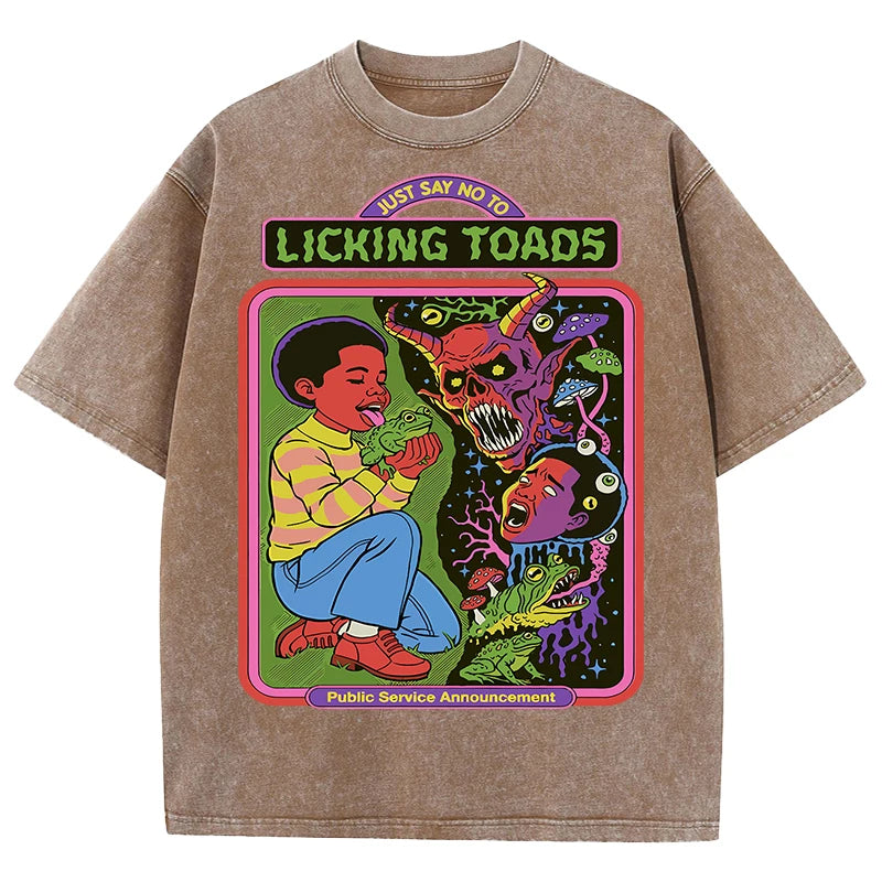 Licking Toads Printing Washed Men T Shirts Casual Stree Hip Hop Tees Breathable Soft Cotton Sport Loose Short Sleeve Unisex