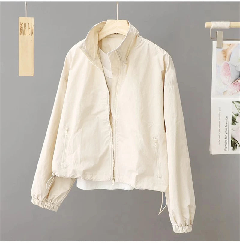 Women's Jackets New Spring Autumn Thin Cardigan Jacket Zipper Long Sleeve Simple Fashion Solid High-necked Casual Female Outwear
