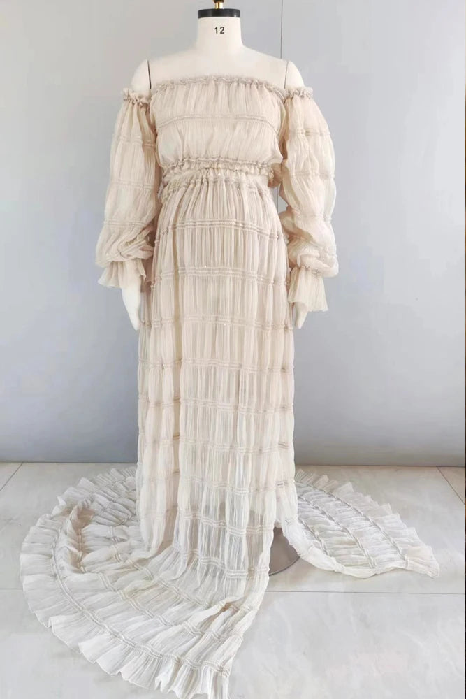 Maternity Dresses For Photo Shoot Women Off Shoulder Short Top Pleated Chiffon Long Sleeved Bohemian Dress Boho Style Dress
