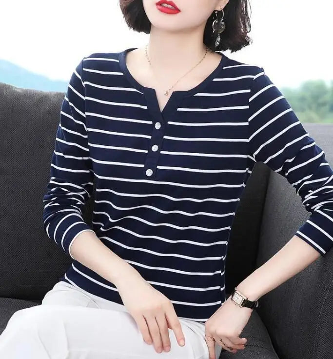 Cotton T-Shirt Women Long Sleeve Striped T Shirt Fashion 2025 Spring Autumn Female Clothes Top Tee Lady V-neck Tops 7215