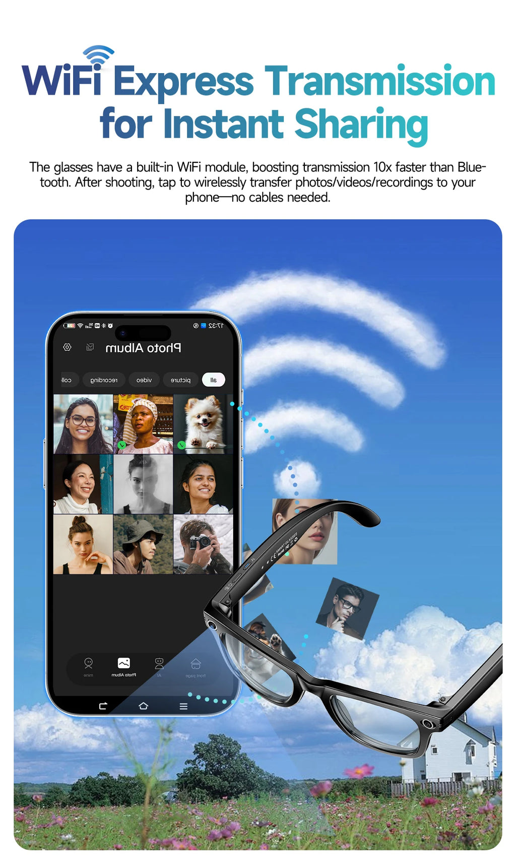 LIGE New Camera SunGlasses 800w Pixel Camera Recording Noise Reduction Ai Recognition Translation Anti Blue Light Smart Glasses