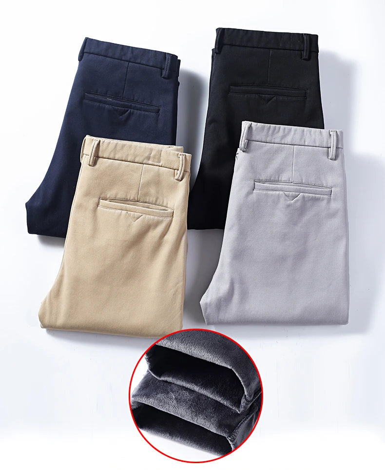 New Winter Mens Clothing Warm Casual Pants 98% Cotton Fleece Straight Business Thicken Men Pants Stretch Classic Velvet Trousers