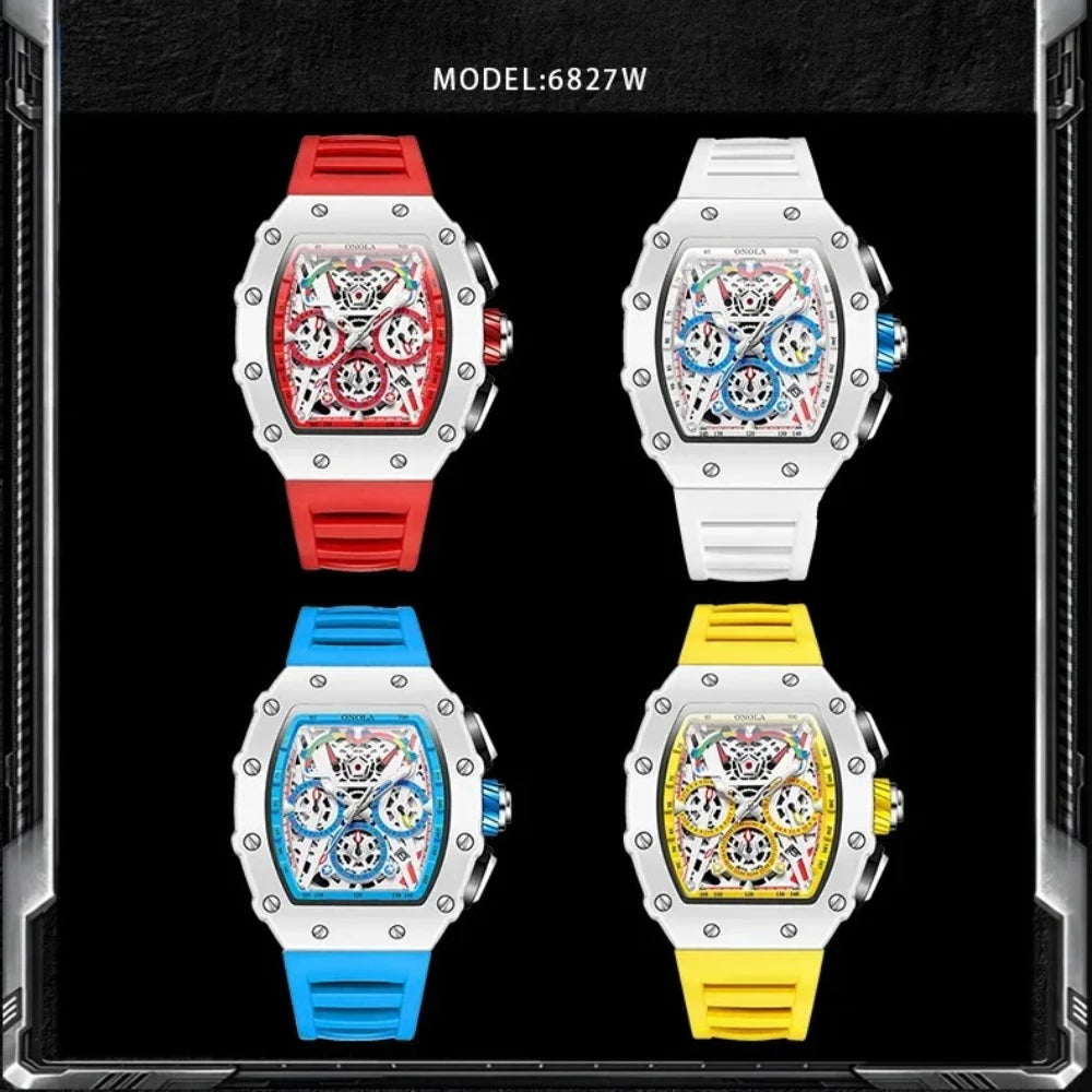Watches for Man ONOLA 6827W Trend White Men Watch Waterproof Chronograph Quartz Wristwatch Sports Silicone Strap Reloj Hombre
