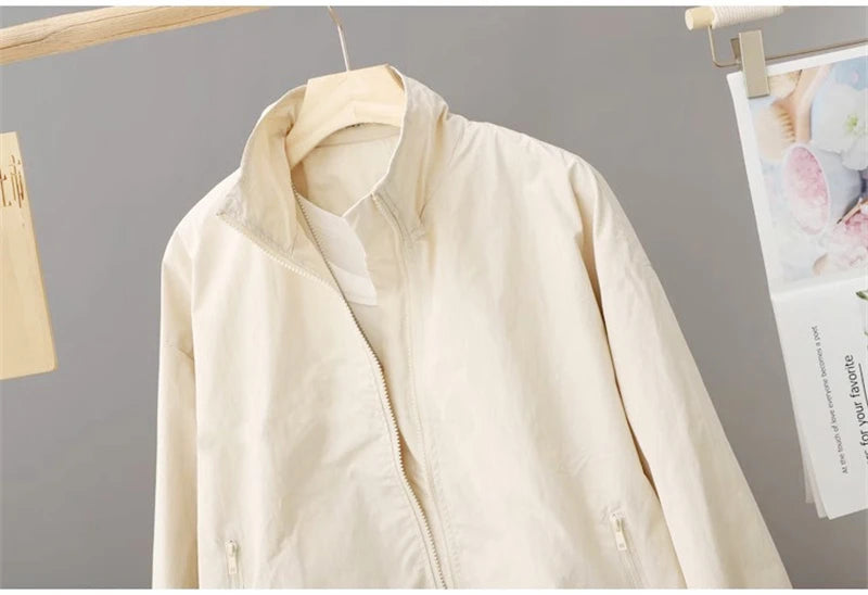 Women's Jackets New Spring Autumn Thin Cardigan Jacket Zipper Long Sleeve Simple Fashion Solid High-necked Casual Female Outwear