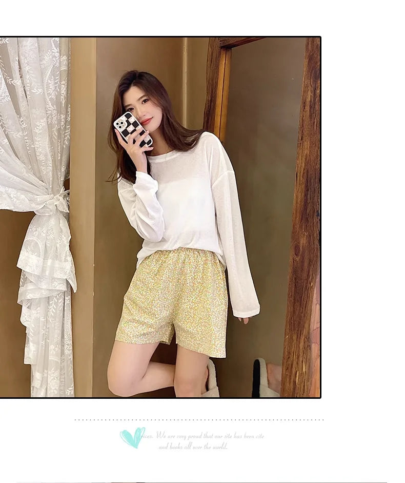 Women's High Waist Summer Shorts Floral Print Lounge Pants Loose Wide Leg Comfy Stretchy Elastic Waist Casual Athletic Home Slee