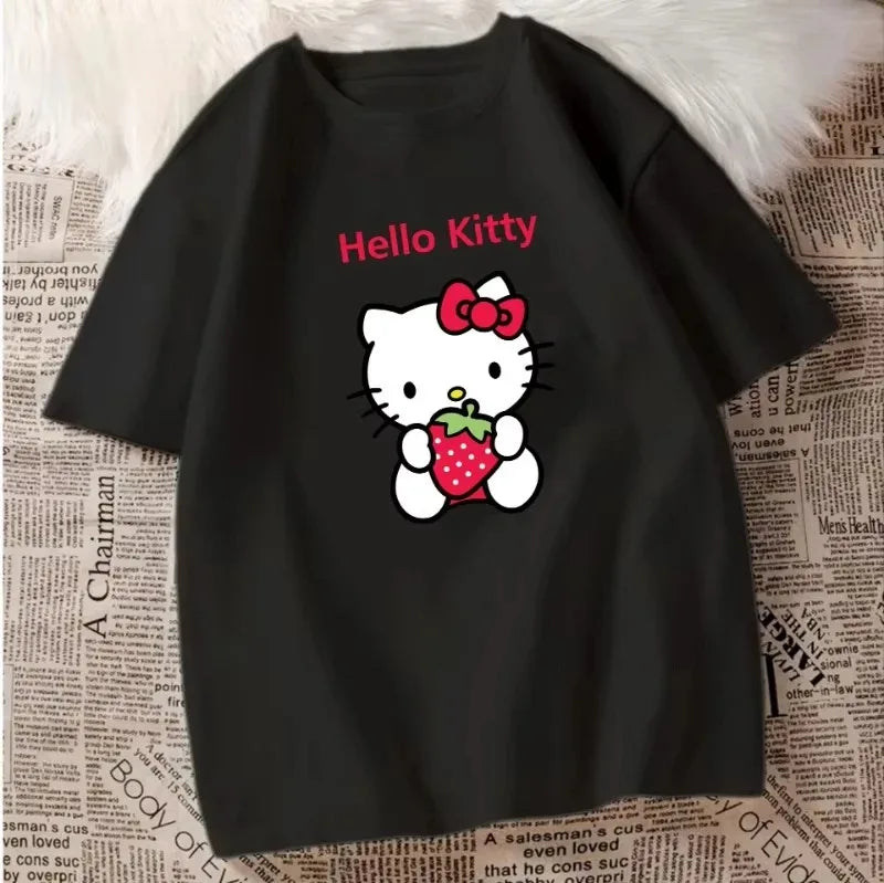 Hello Kitty Cotton T-shirt Women Men Couples Cute Printed Trend Tops Oversized Y2k Unisex Couples T-shirts Female Male Clthing