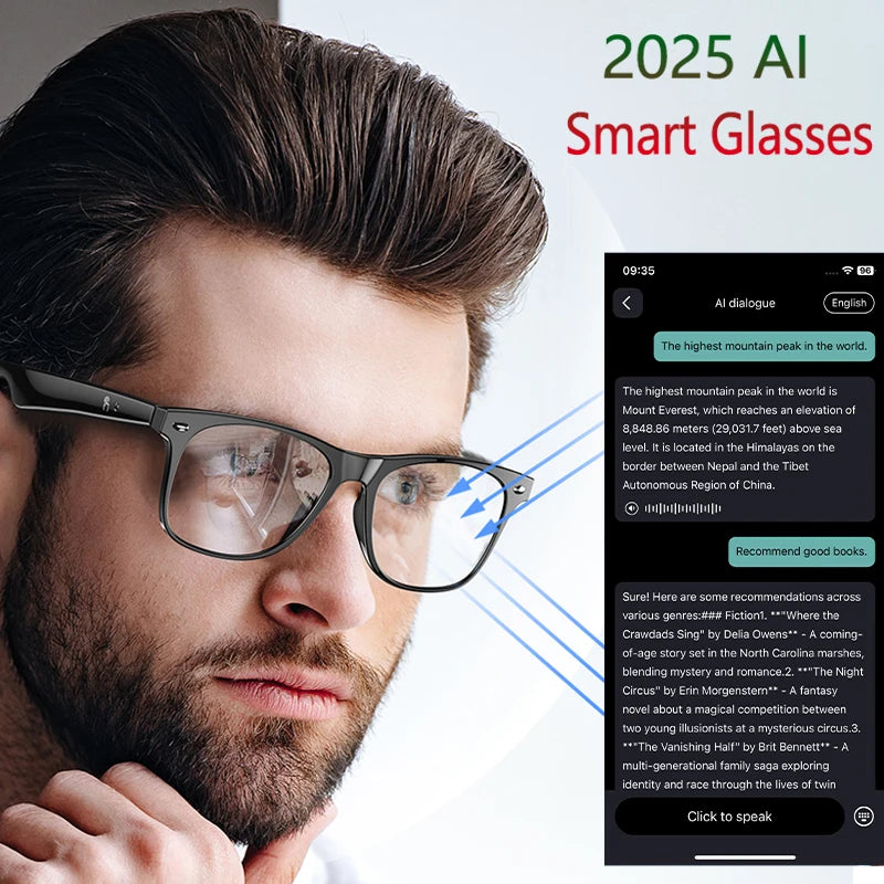2025 New Smart Glasses Men Multiple Language Al Intelligent Translation Anti-blue Lens Wireless Call Voice Assistant Glasses Man