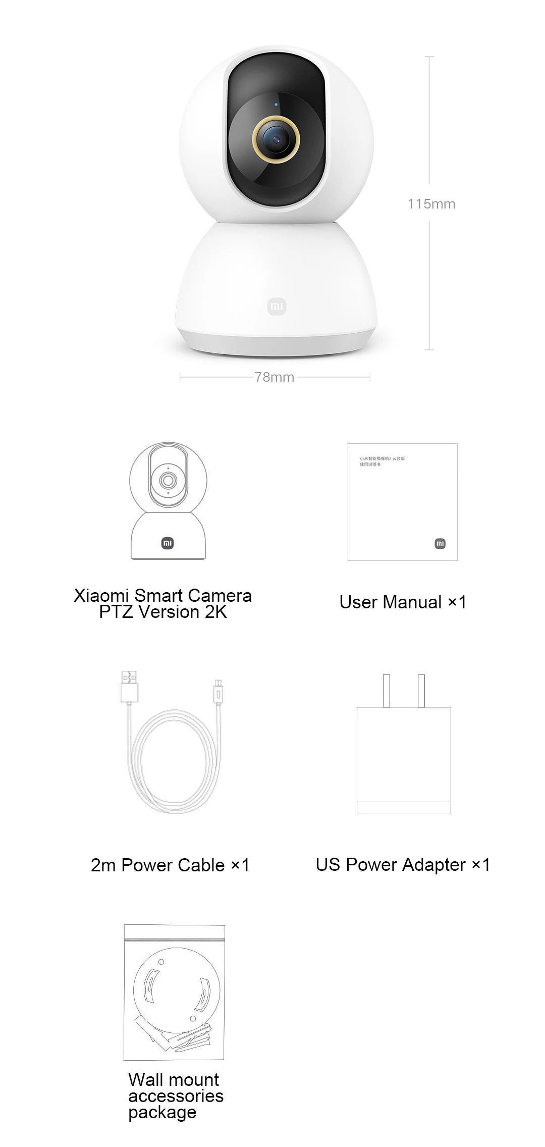 XIAOMI Home Security Intelligent Wifi Camera PTZ 2K,Color Night Vision,Two‑Way Audio,AI Human Face Detection,Chinese Version