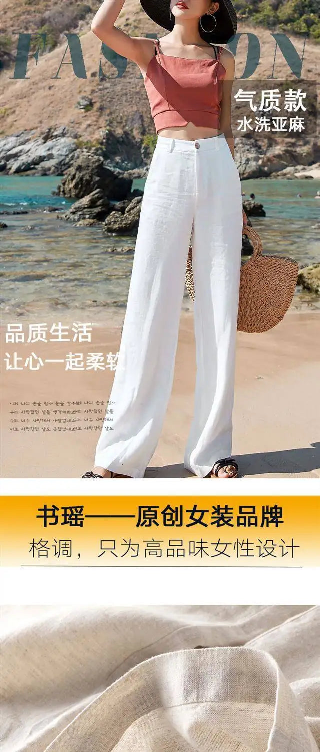 Women's Pants Summer Cotton Linen Wide Leg Pants Full Length Casual Solid White Loose High Waist Straight Trousers Women