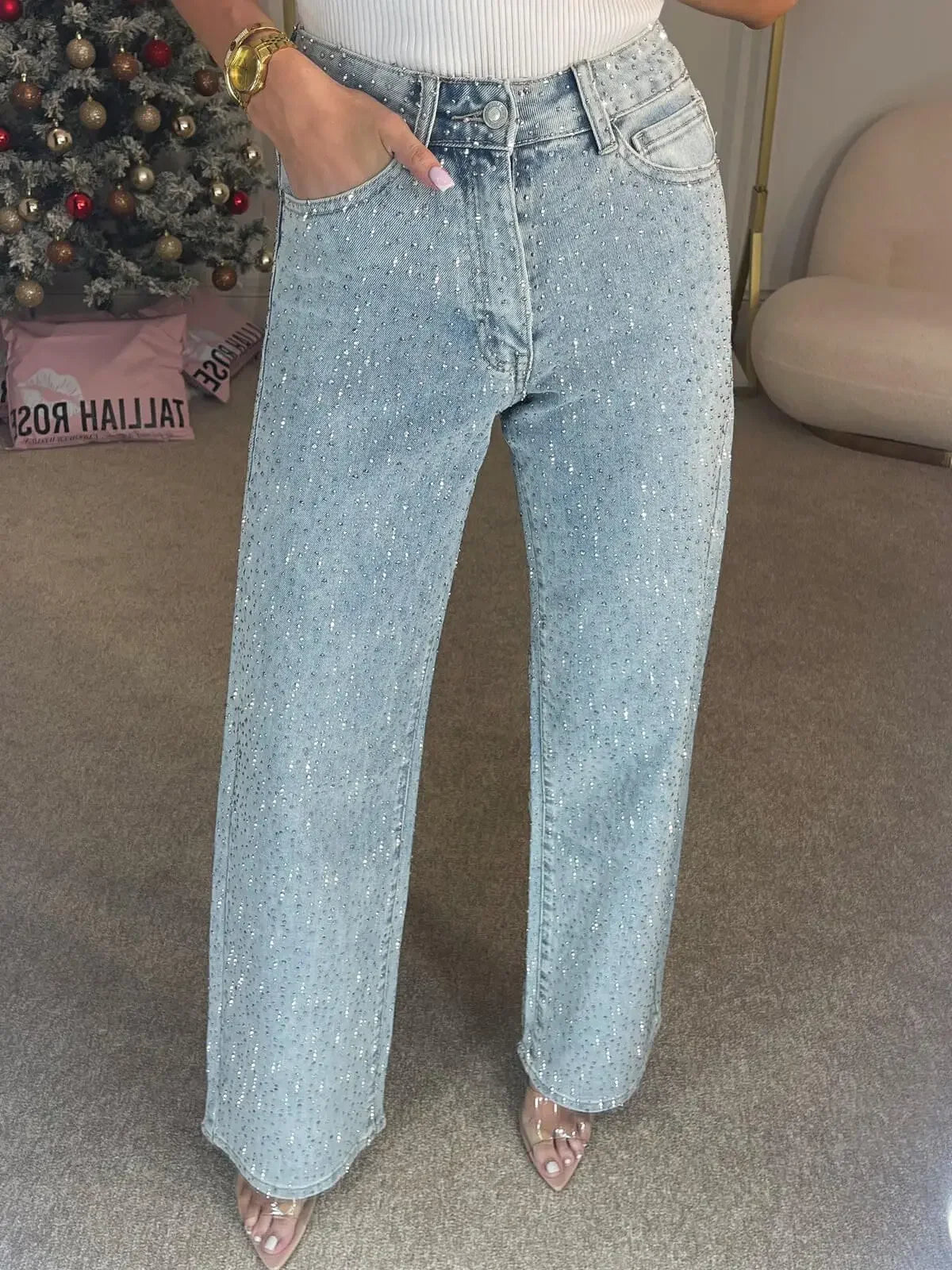 Jeans for Women Straight Diamonds Pants Stretch High Waist Washed Mom Jeans Vintage Denims Streetwear Y2k Streetwear Trousers
