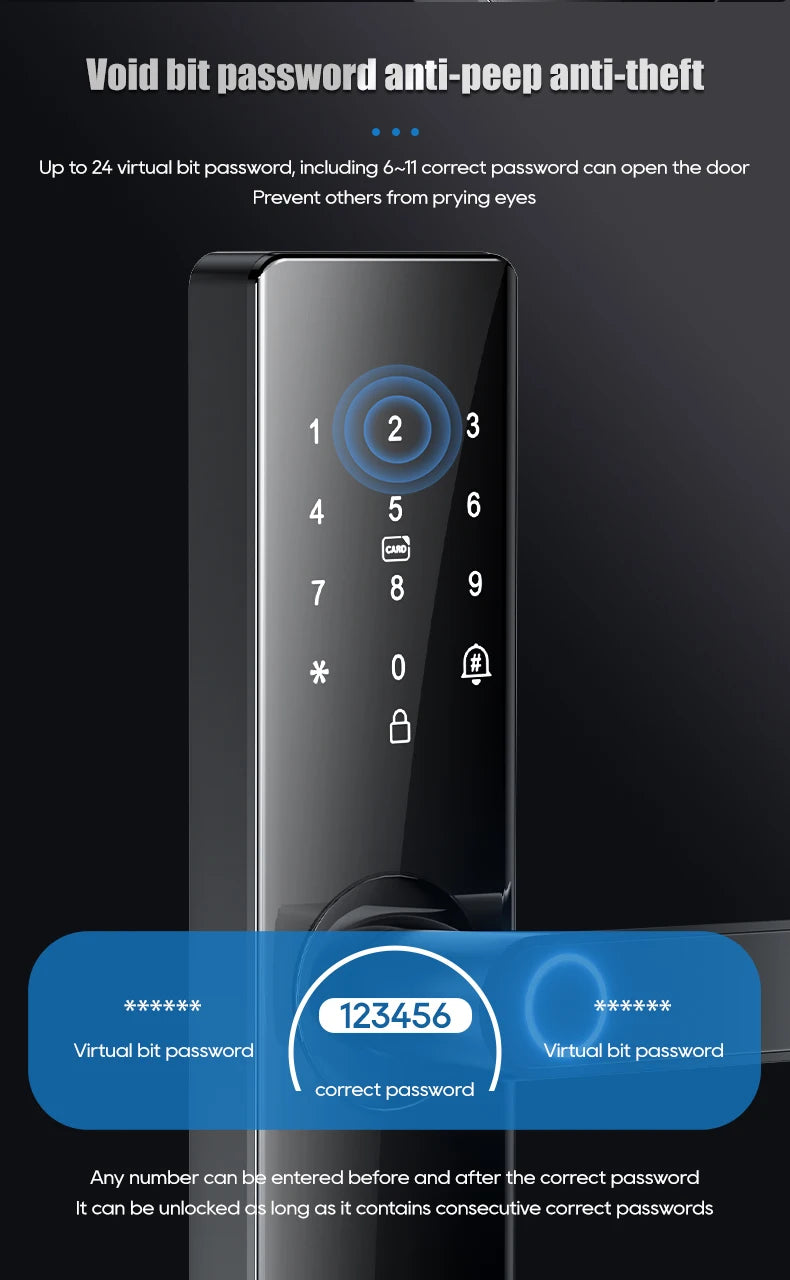 Smart Electronic Door Lock Fingerprint Biometrics Application Control Smart Card Key Access and USB Emergency Charging Smartlock