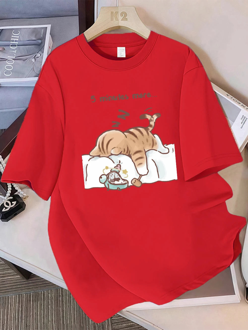 Women T-Shirt Cotton Summer The Cat That Always Wants To Sleep Pattern Prints T Shirt O-Neck Soft Loose Tops Basic Woman Clothes