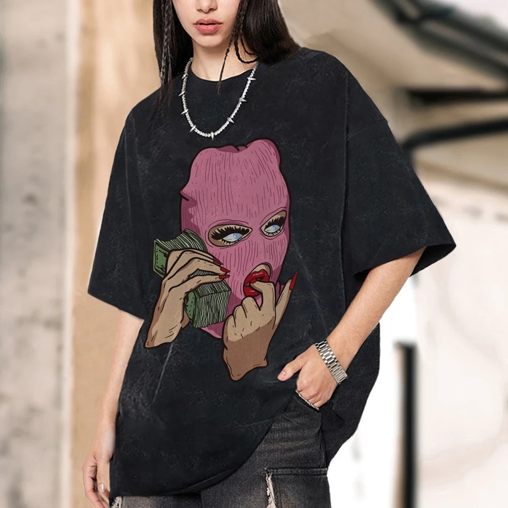 Cotton Women's T-Shirt Abstract Skull Call Women's Print Shoulder Round Neck Wash Summer Designer Trend New Short Sleeves