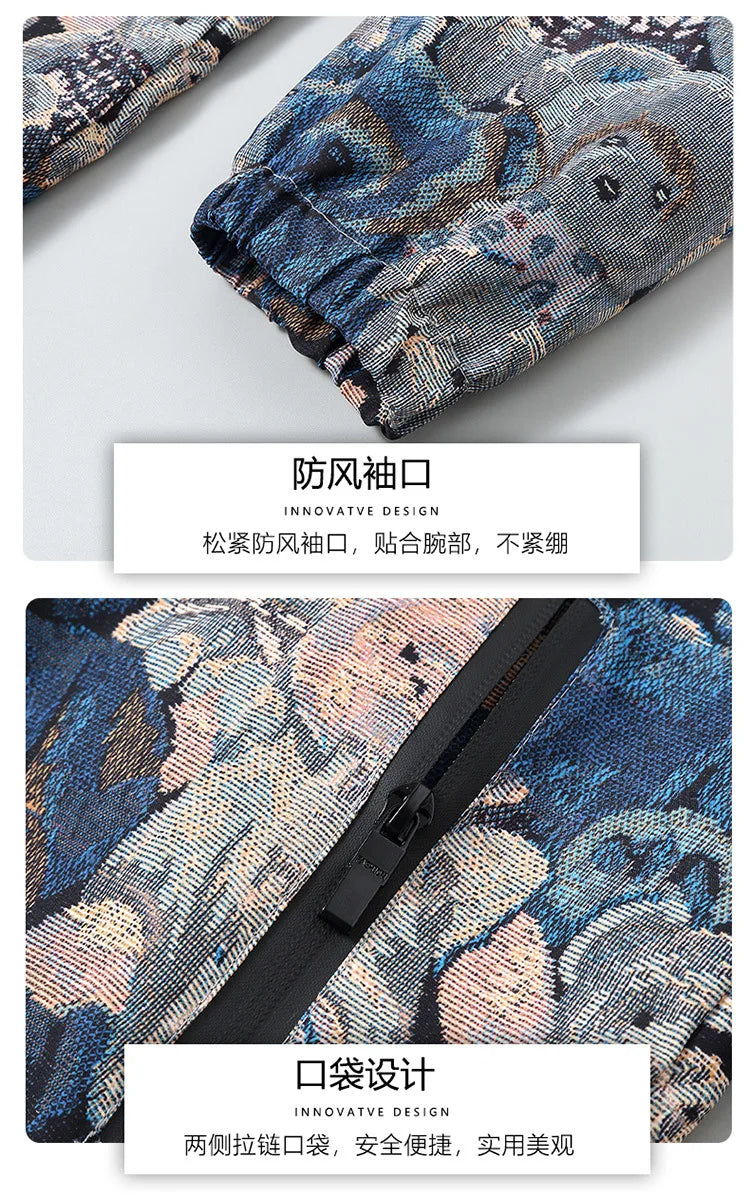 Vintage flower bear pattern Patchwork Windbreaker Men Jackets Autumn Hip Hop Streetwear Zip Up Casual Outerwear Jackets Clothes