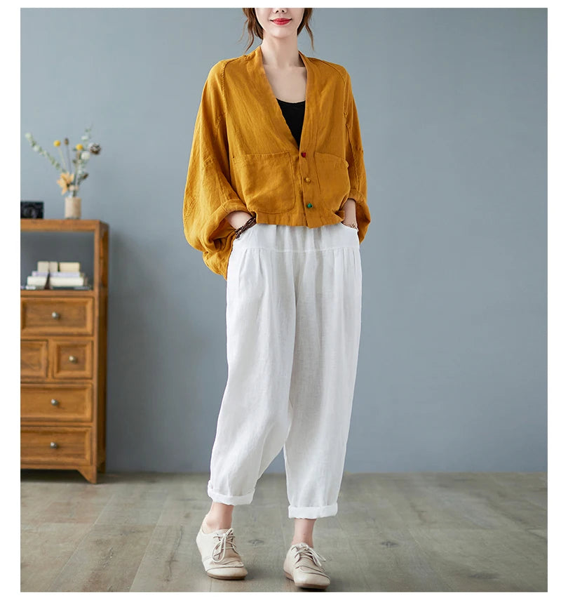 Women Long Sleeve Jackets New 2022 Autumn Vintage Style All-match Loose Comfortable Cotton Linen Female Casual Coats B2100