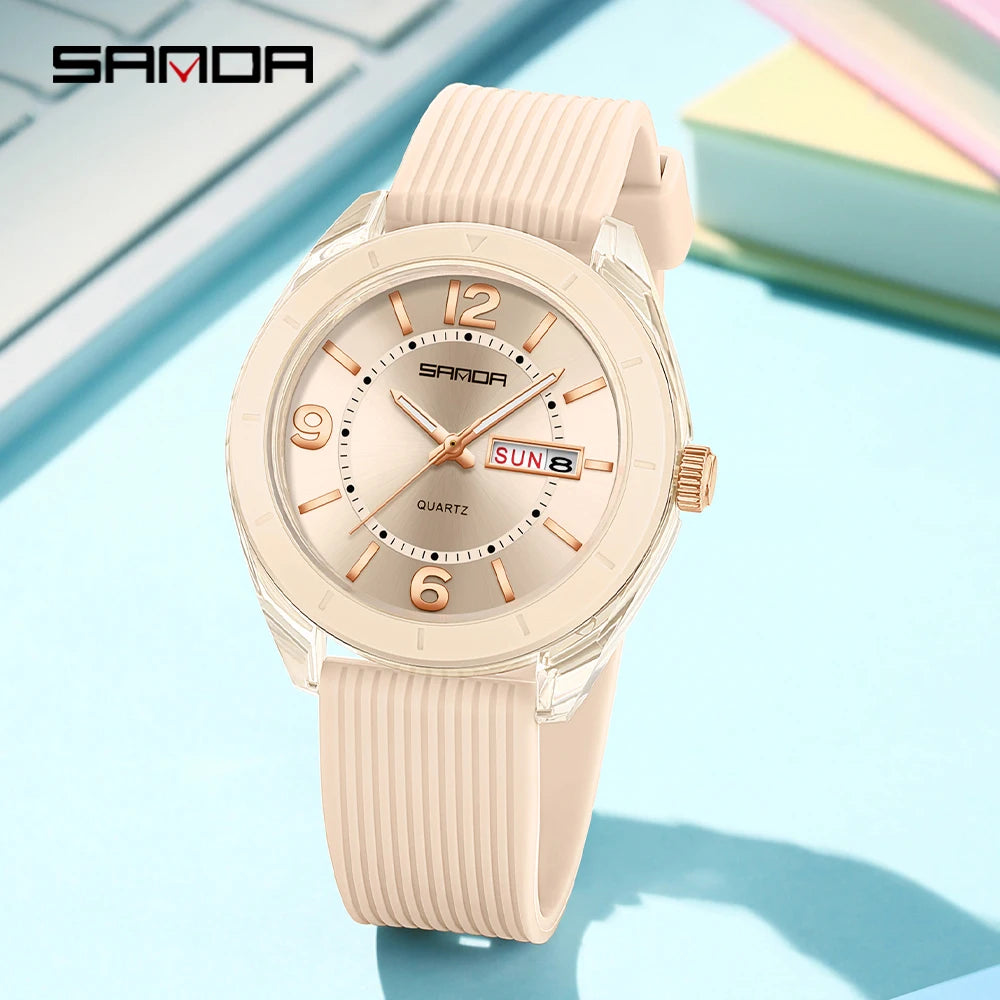 SANDA New 6287 Male And Female Students Leisure Exam Quartz Watch Night Light waterproof Double Calendar Quartz Watch