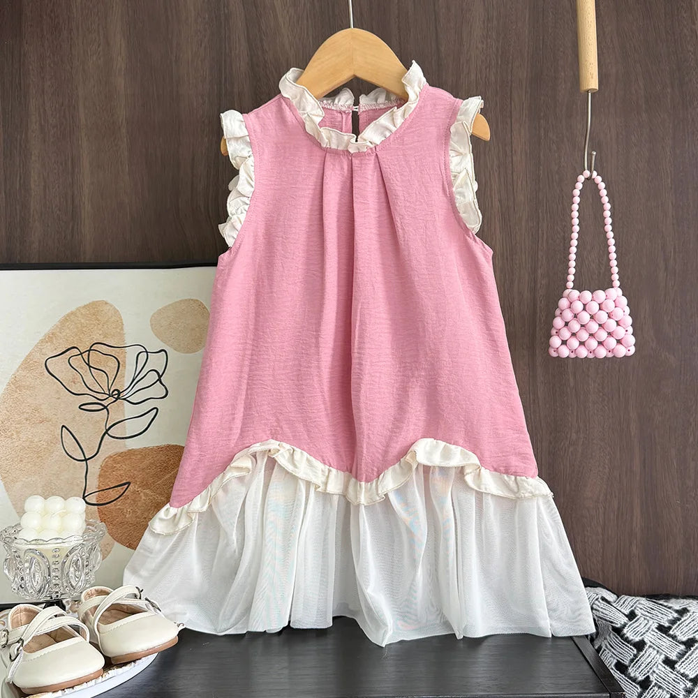 Bear Leader Korean Solid Color Kids Clothes Summer Pink Lace Girls Dress Sleeveless Black Fungus Edge Mesh Splicing Dresses