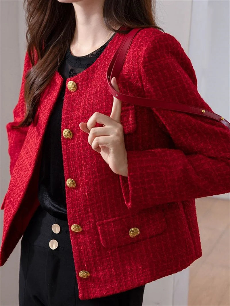 Women's Jacket 2025 New Autumn Fashion Red Tweed Small Fragrance Coat Ladies Short Blazers Korean Elegant Female Tops Outerwear