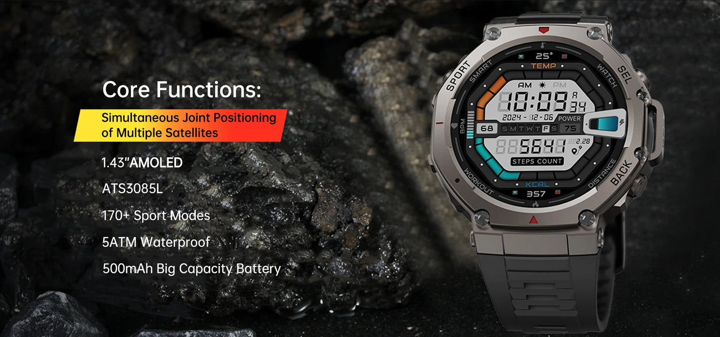 T-Rex 3 Military Grade 500mAh Battery Smart Watch 10ATM Waterproof GPS Compass Altimeter Call AMOLED Men Swim Sports Smartwatch