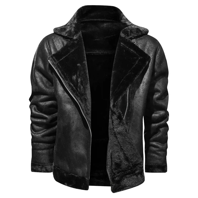 2022 Winter Jacket Mens Suede Leather Jacket Lapel Collar Vintage Style Warm Thick Fur Slim Fit Men Jackets M-4XL