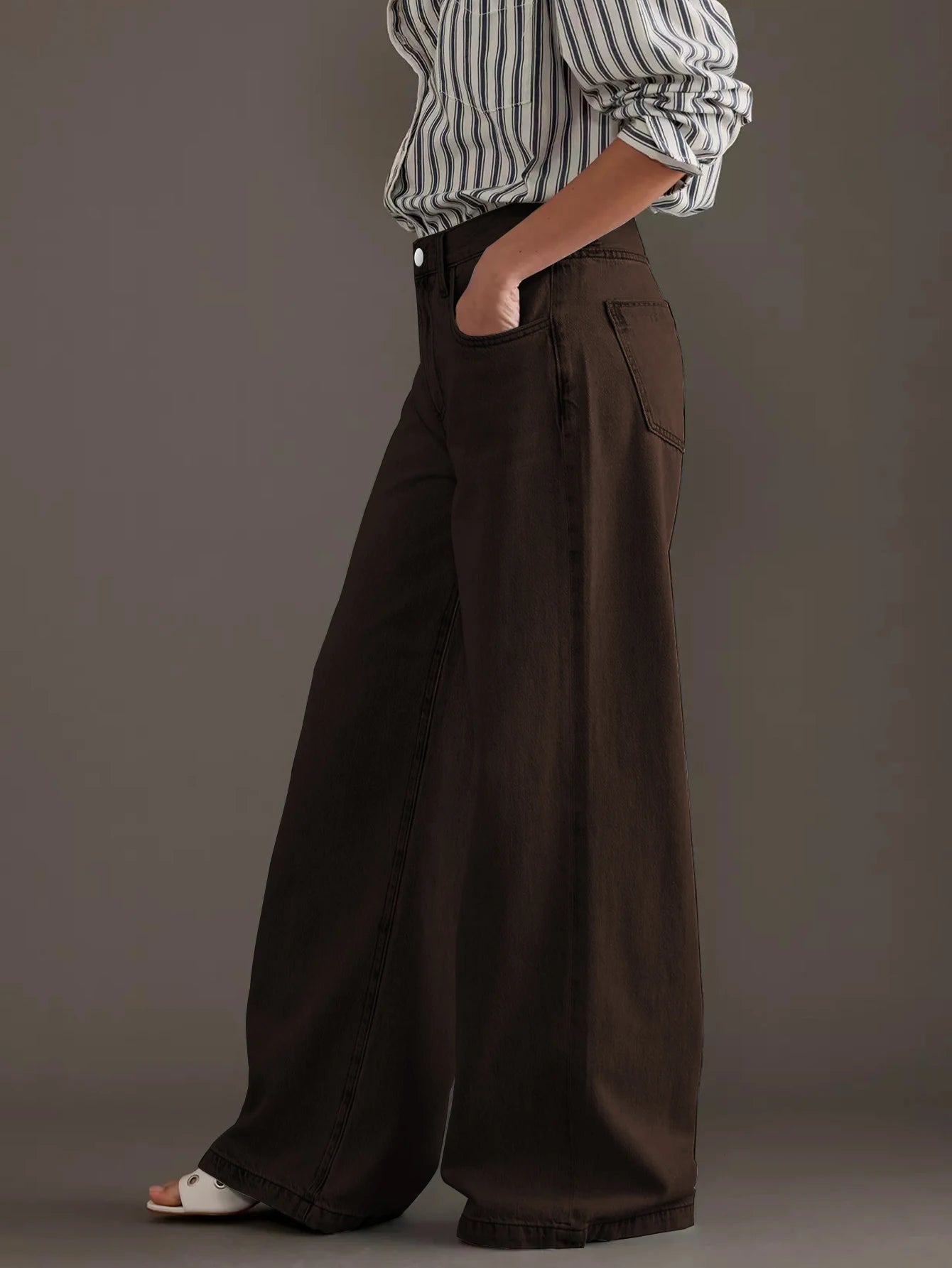 Women's new jeans washed vintage brown wide-leg jeans high waist cut elegant fashion style retro silhouette